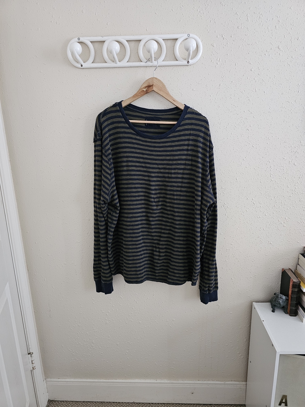 Lucky Brand Navy and Olive Distressed Striped Long-Sleeve Crewneck